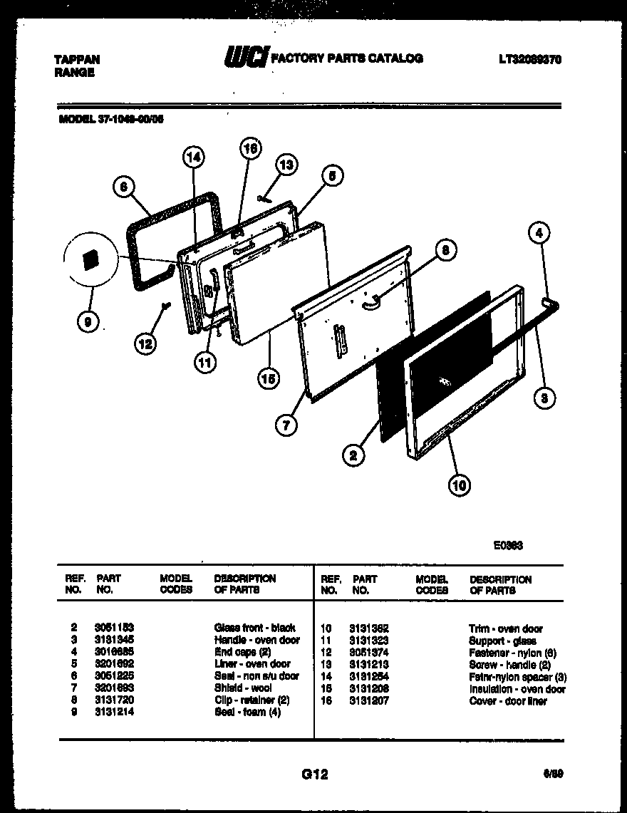 Tappan 37-1048-00-05 door parts diagram