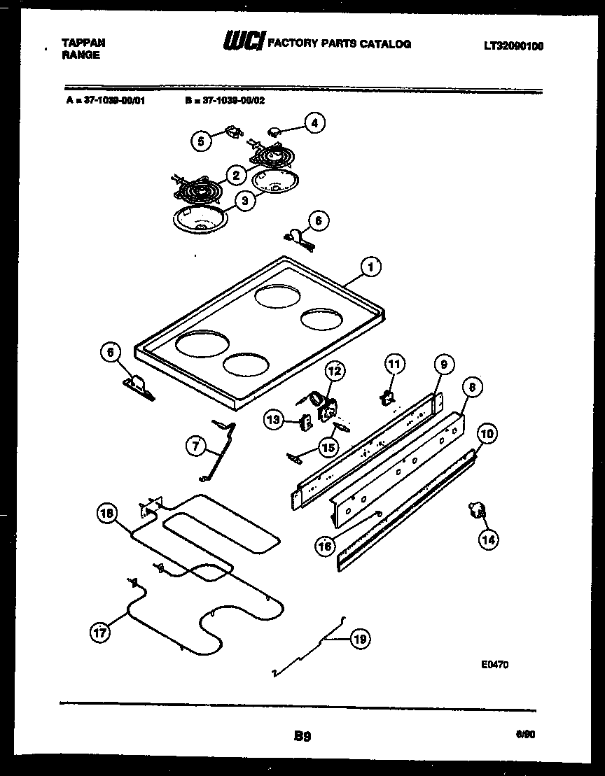 Tappan 37-1039-00-01 cooktop and broiler parts diagram