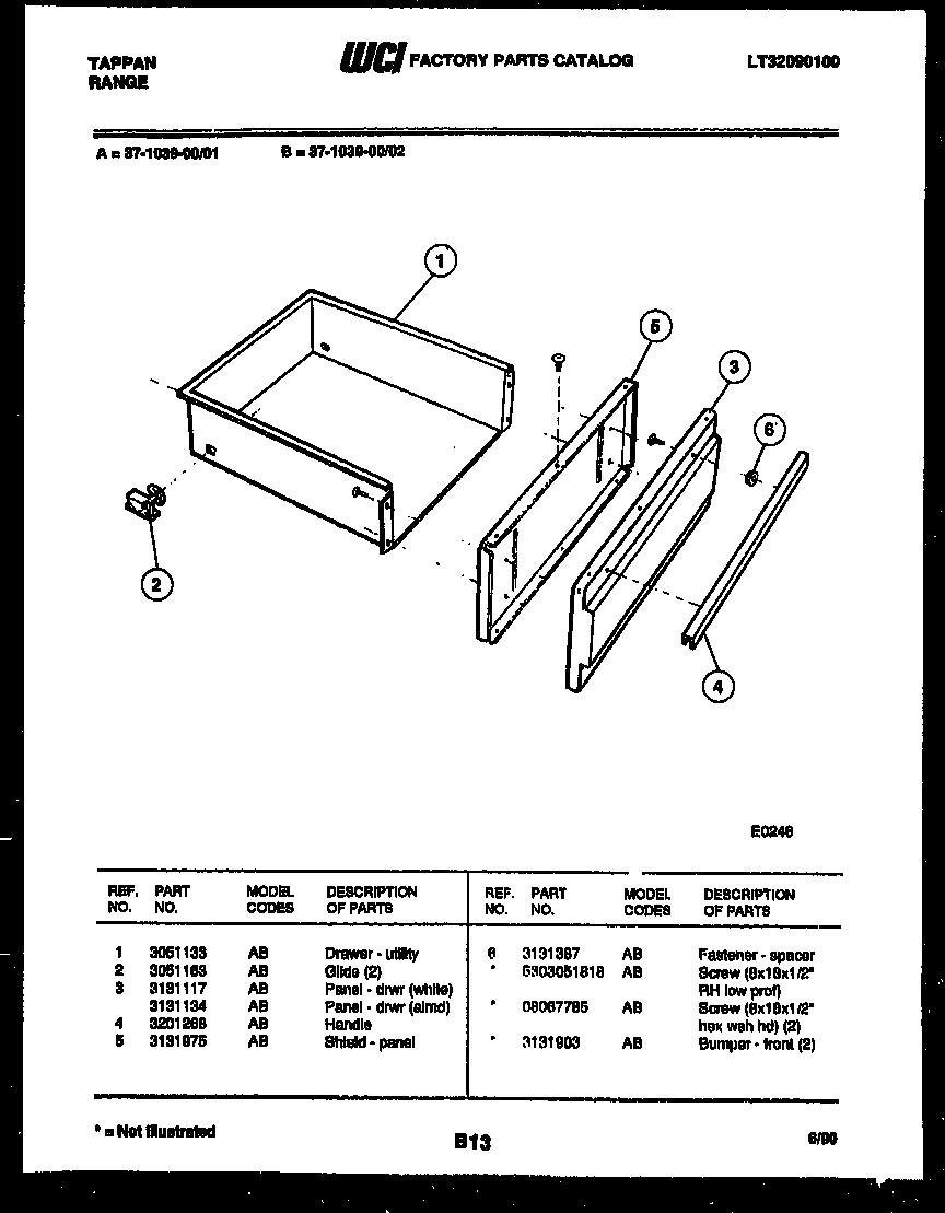 Tappan 37-1039-00-01 drawer parts diagram