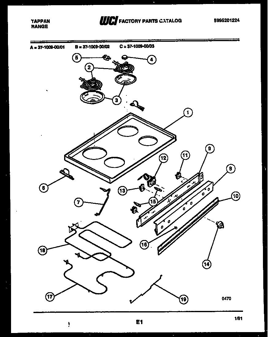 Tappan 37-1009-00-03 cooktop and broiler parts diagram
