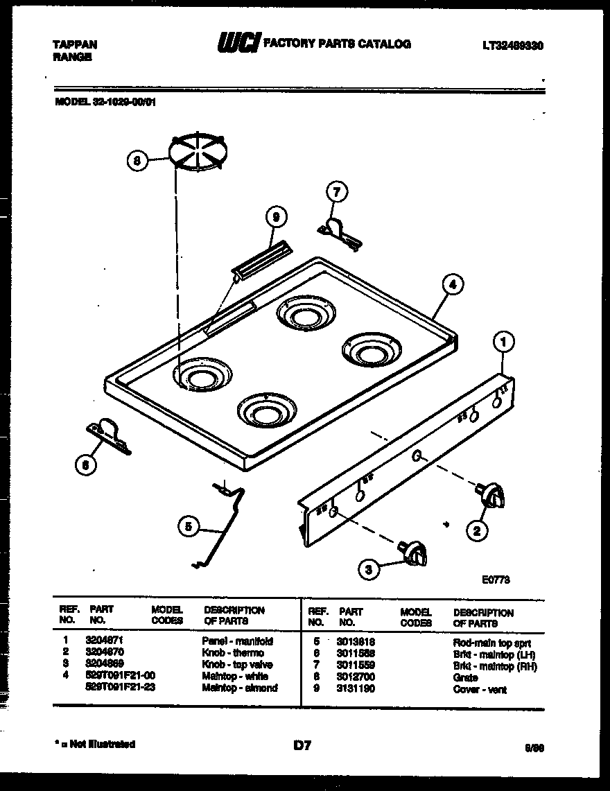 Tappan 32-1029-00-01 cooktop parts diagram