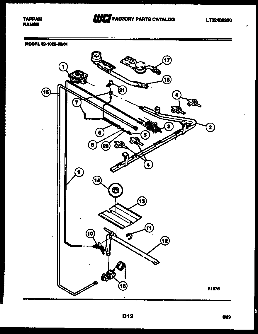 Tappan 32-1029-00-01 burner, manifold and gas control diagram