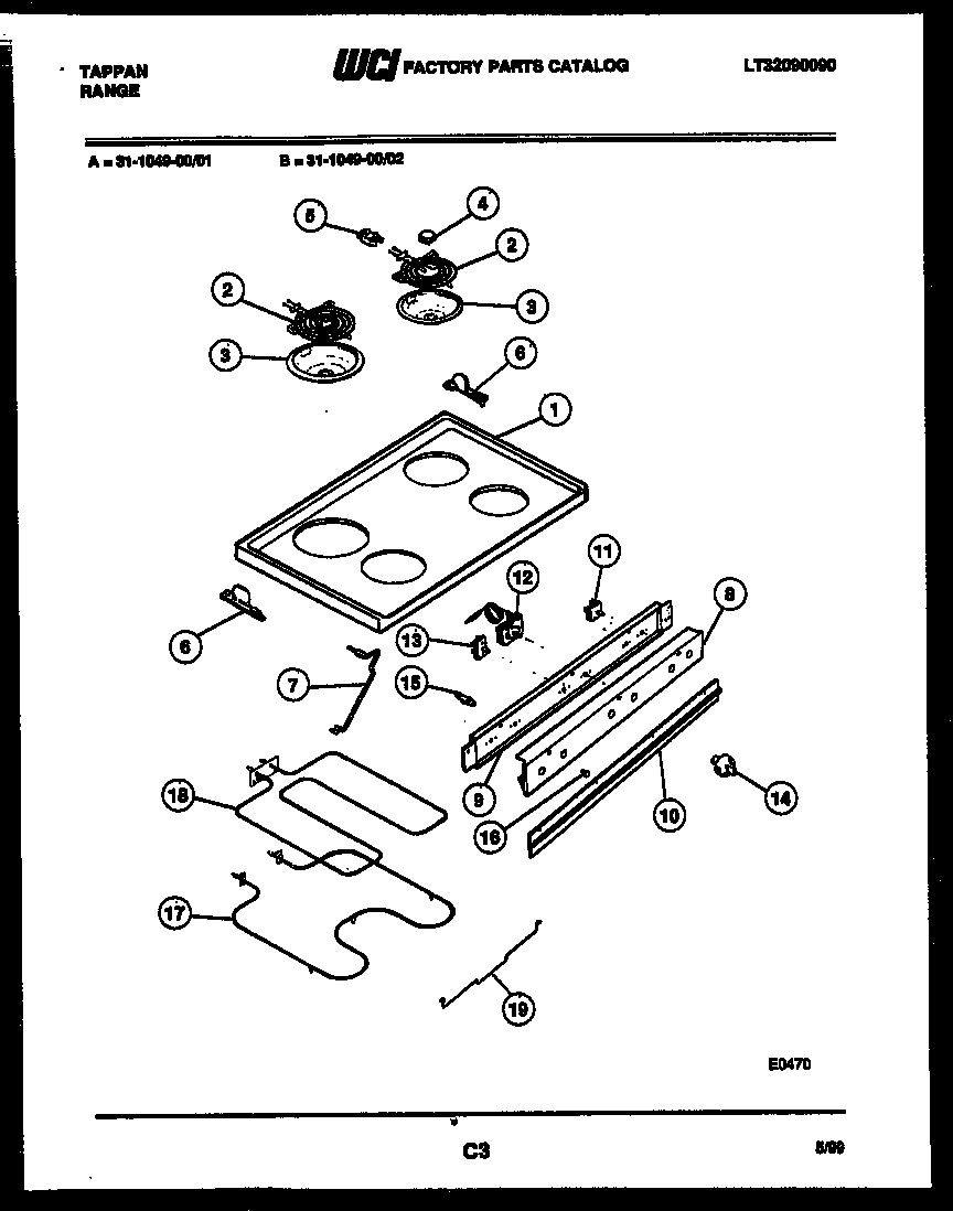 Tappan 31-1049-00-01 cooktop and broiler parts diagram