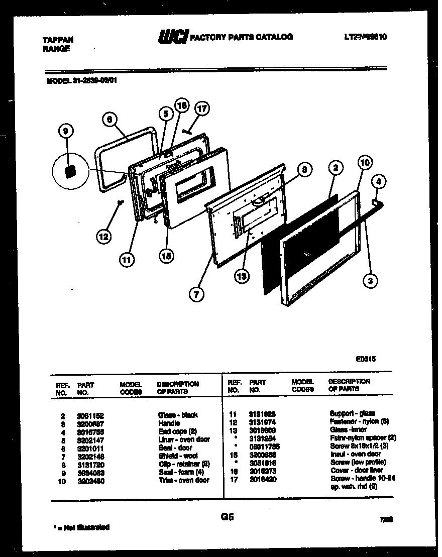 Tappan 31-2539-00-01 door parts diagram
