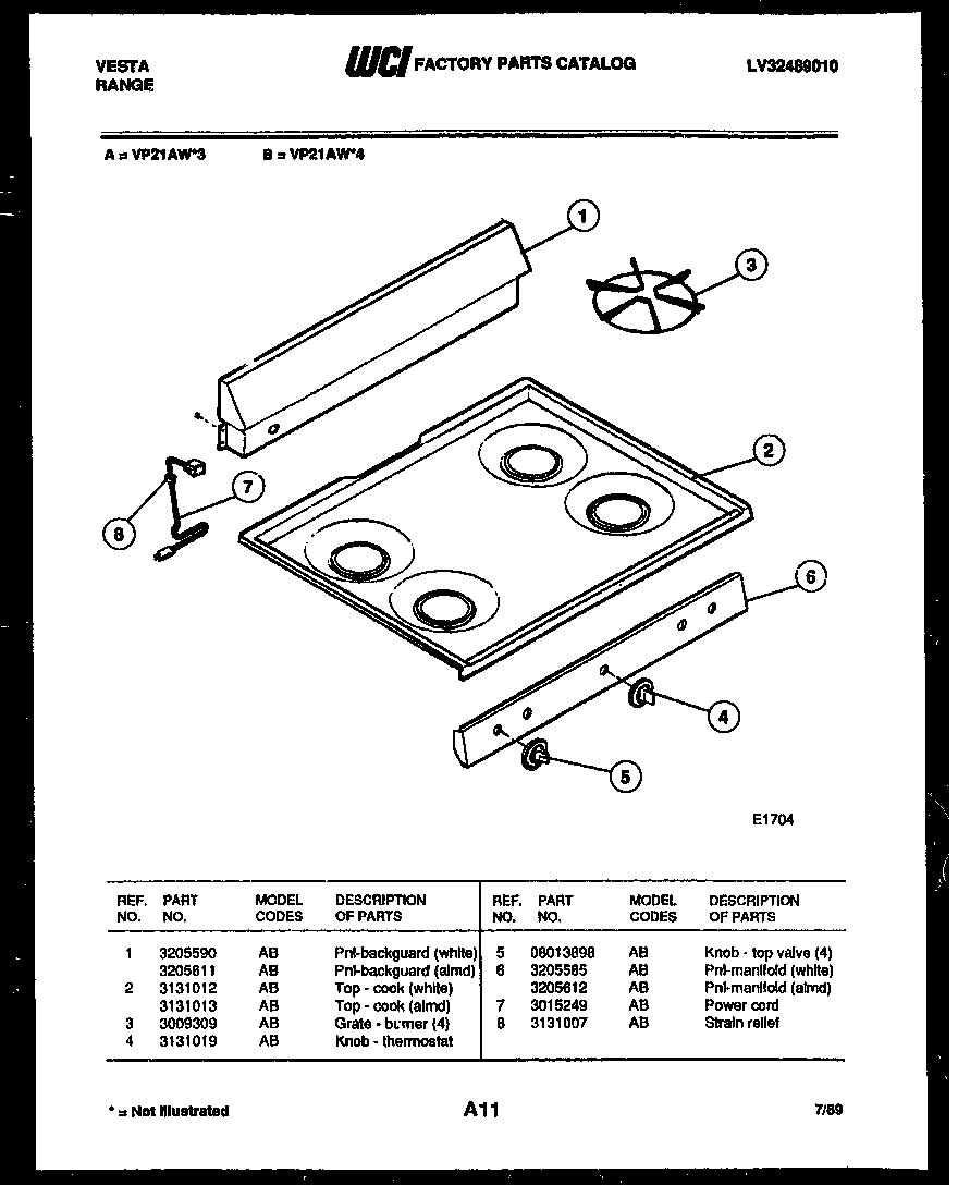 Tappan VP21AW3 cooktop parts diagram