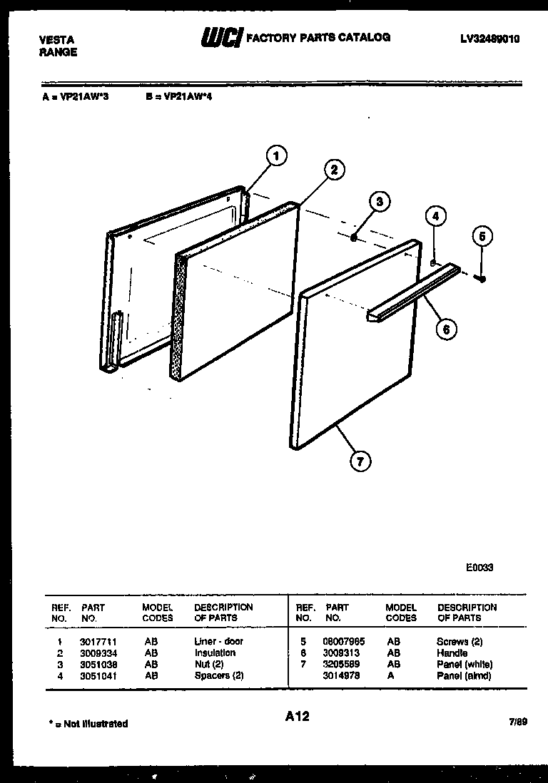 Tappan VP21AW3 door parts diagram