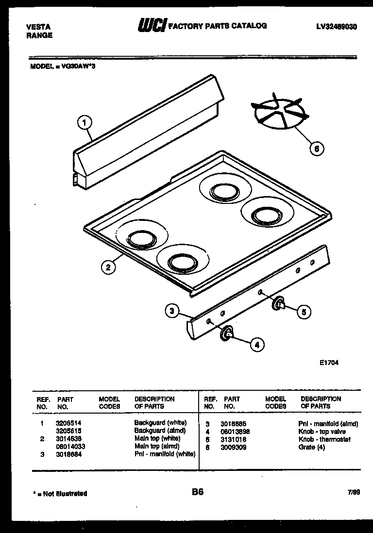 Tappan VG30AW3 cooktop parts diagram