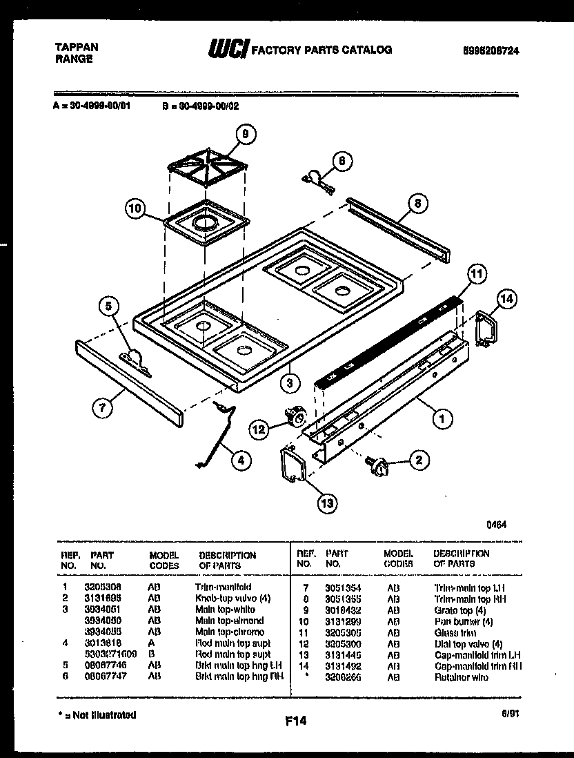Tappan 30-4999-08-01 cooktop parts diagram
