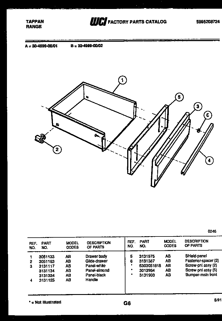 Tappan 30-4999-08-01 drawer parts diagram