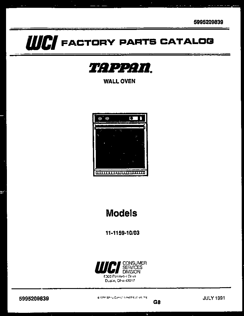Tappan 11-1159-00-03 cover page- text only diagram