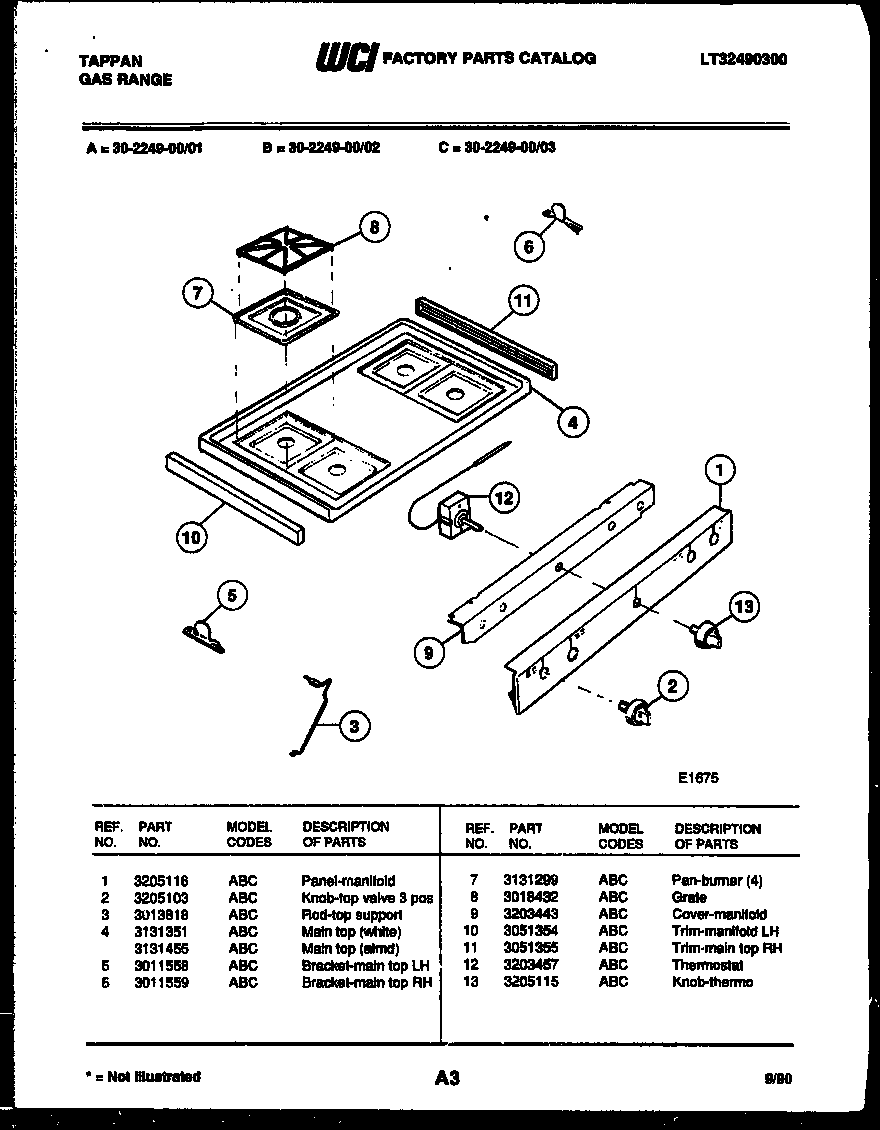 Tappan 30-2249-00-01 cooktop parts diagram