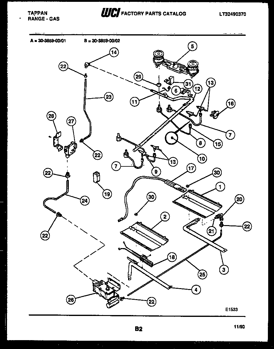 Tappan 30-3859-00-01 burner, manifold and gas control diagram