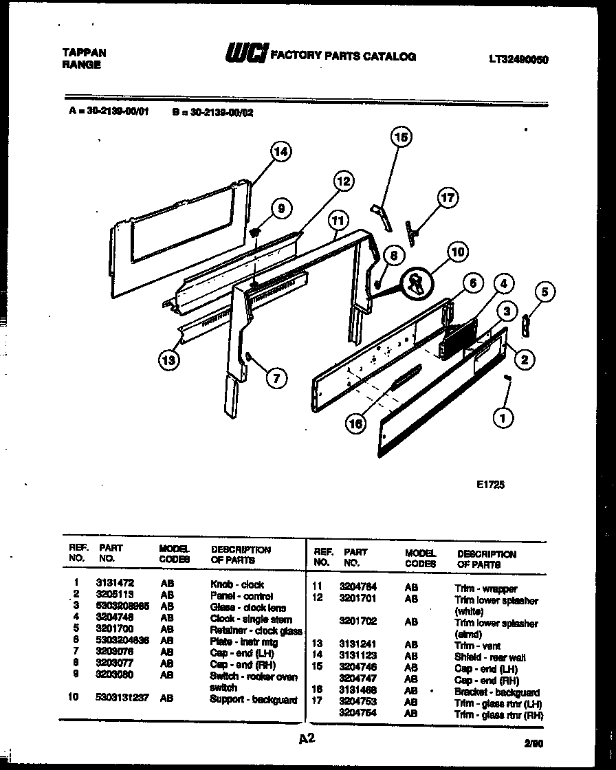 Tappan 30-2139-00-02 backguard diagram