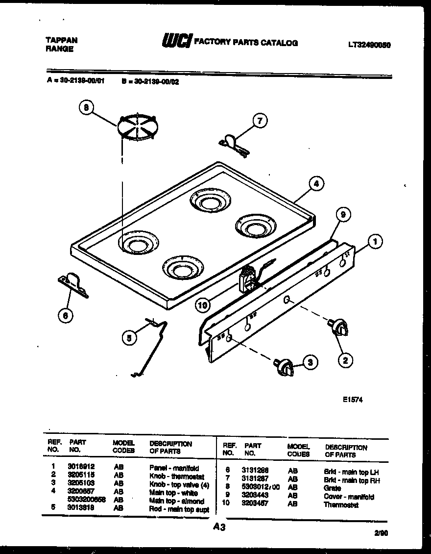 Tappan 30-2139-00-02 cooktop parts diagram