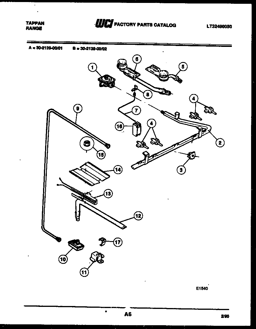 Tappan 30-2139-00-02 burner, manifold and gas control diagram