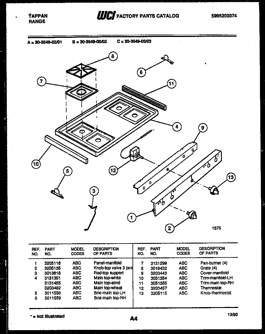 Tappan 30-3649-00-03 cooktop parts diagram