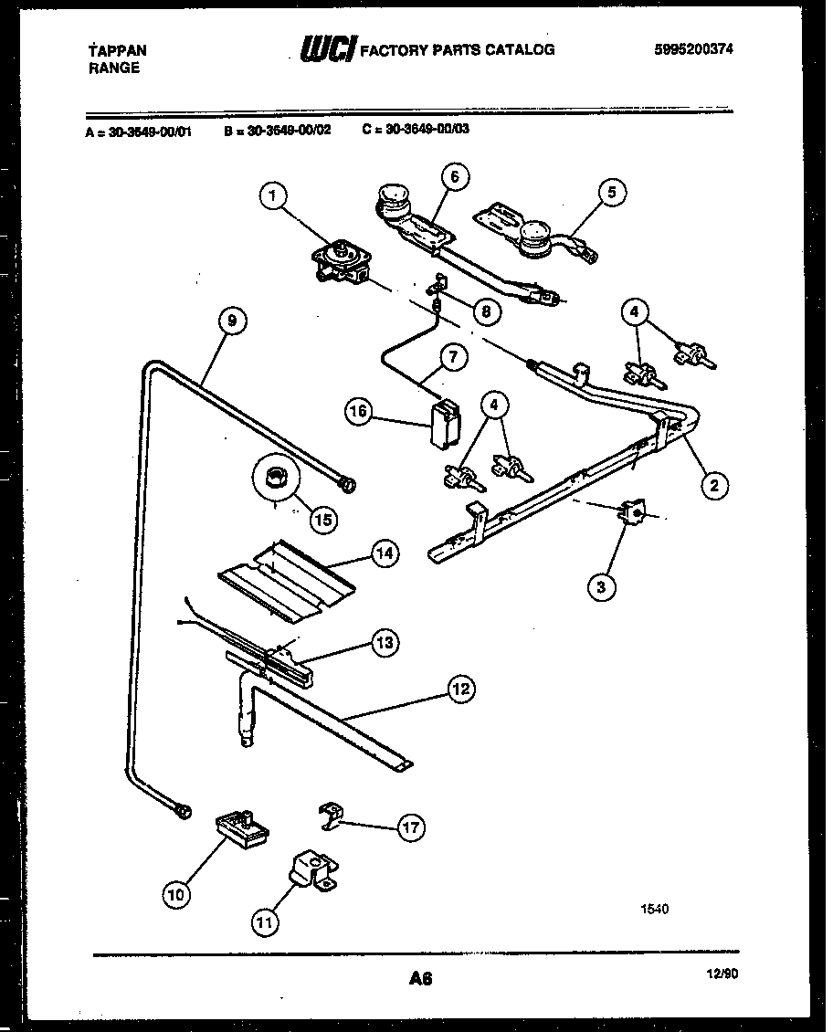 Tappan 30-3649-00-03 burner, manifold and gas control diagram
