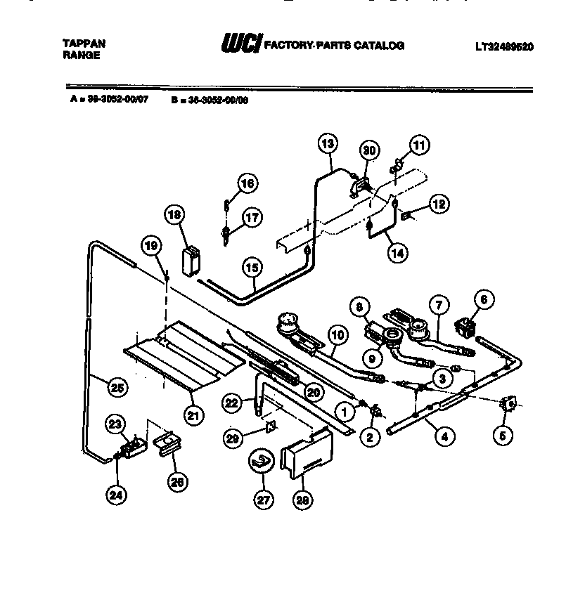 Tappan 36-3052-66-08 burner, manifold and gas control diagram