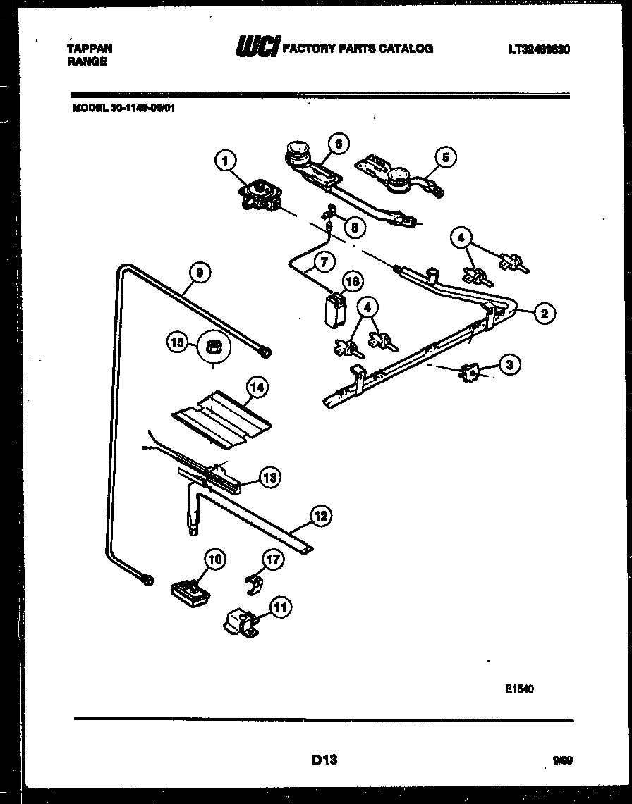 Tappan 30-1049-00-02 burner, manifold and gas control diagram