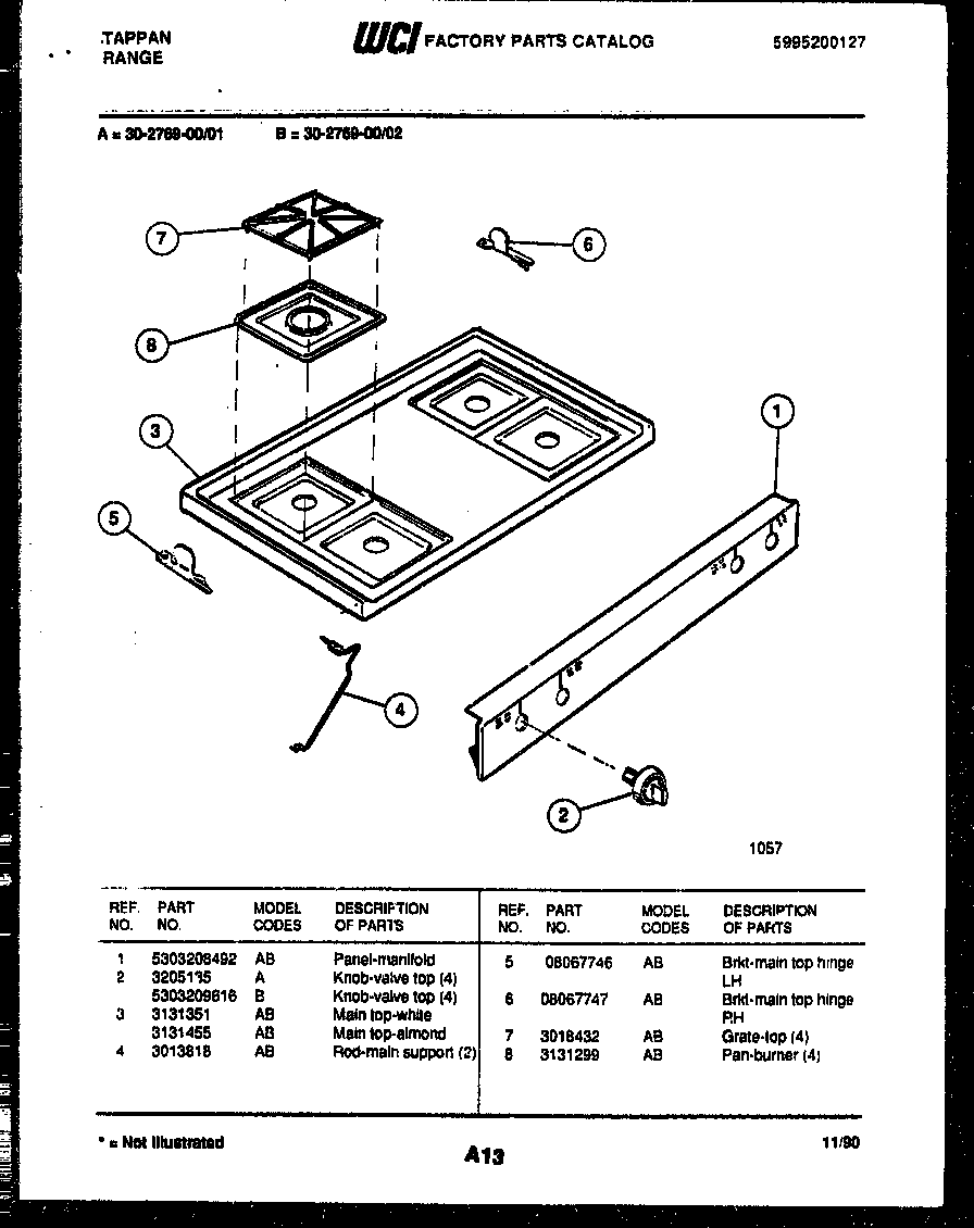 Tappan 30-2769-00-02 cooktop parts diagram