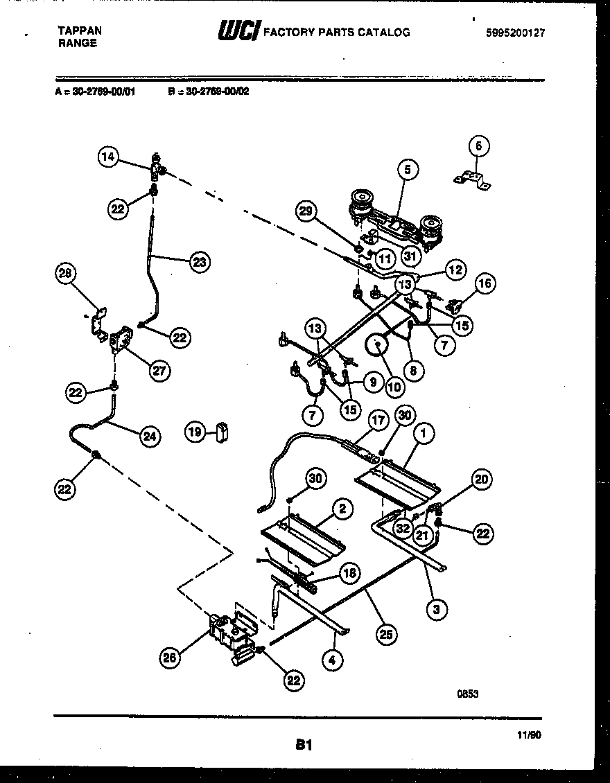 Tappan 30-2769-00-02 burner, manifold and gas control diagram