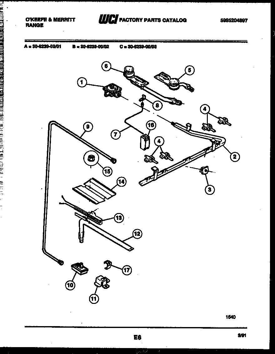 Tappan 30-6239-00-03 burner, manifold and gas control diagram