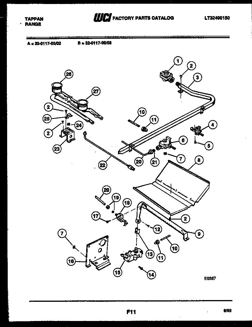 Tappan 32-0117-00-03 burner, manifold and gas control diagram