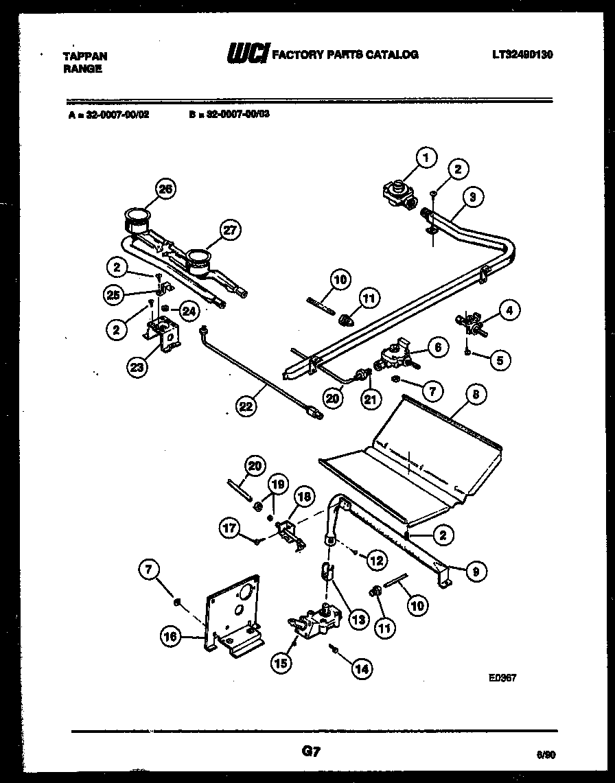 Tappan 32-0007-00-03 burner, manifold and gas control diagram
