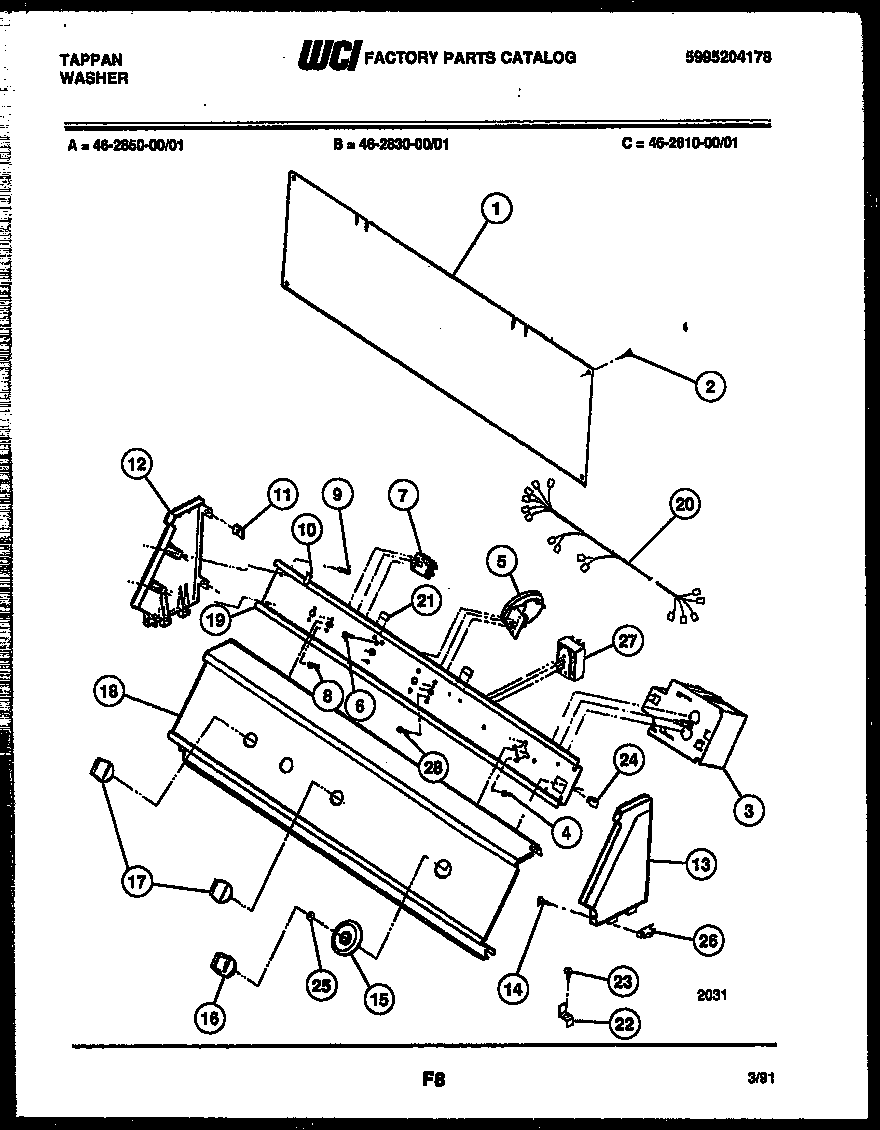 Tappan 46-2830-00-01 console and control parts diagram