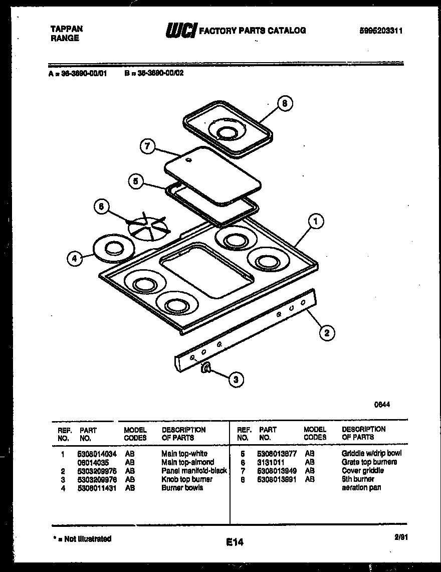 Tappan 36-3690-00-01 cooktop parts diagram