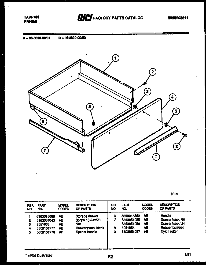 Tappan 36-3690-00-01 drawer parts diagram