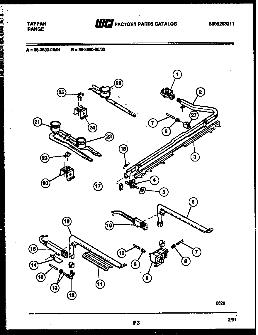 Tappan 36-3690-00-01 burner, manifold and gas control diagram