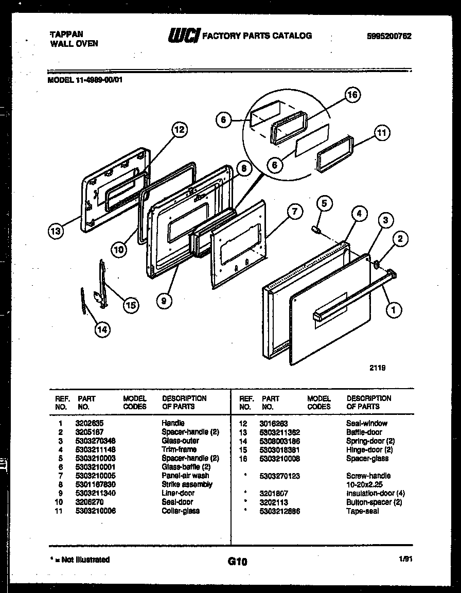 Tappan 11-4989-00-01 door parts diagram