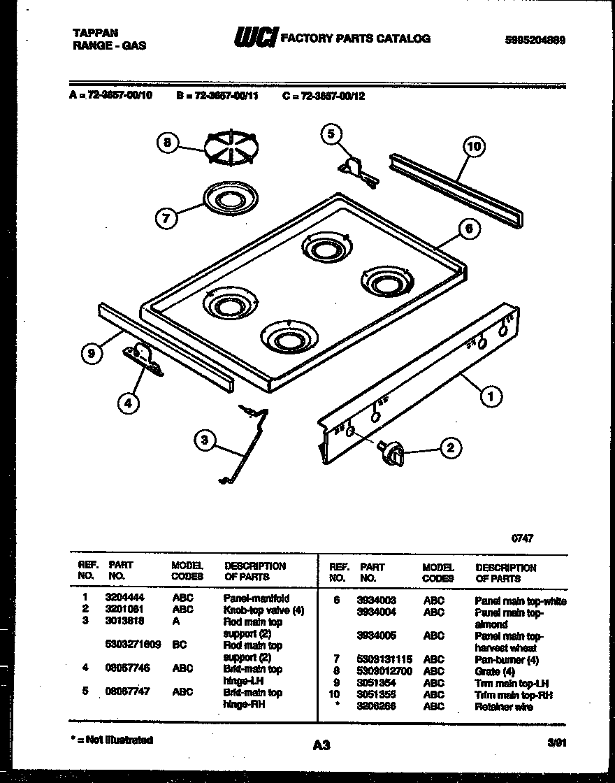 Tappan 72-3657-00-12 cooktop parts diagram