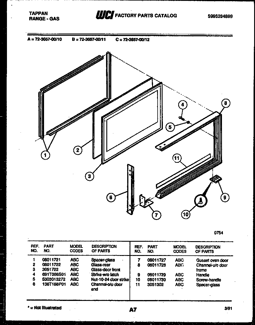 Tappan 72-3657-00-12 upper oven door parts diagram