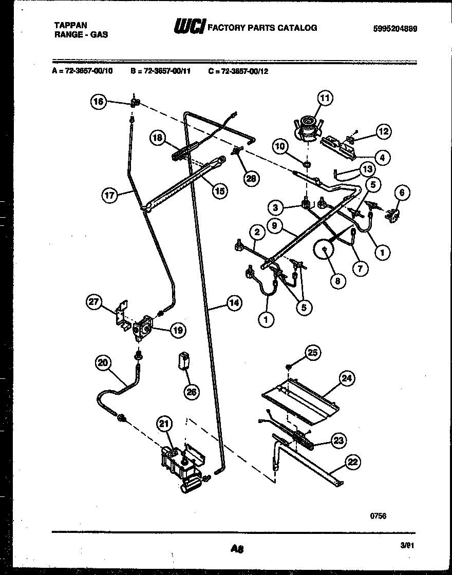 Tappan 72-3657-00-12 burner, manifold and gas control diagram