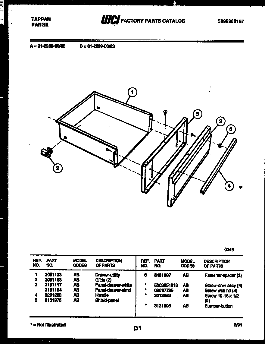 Tappan 31-2239-00-02 drawer parts diagram