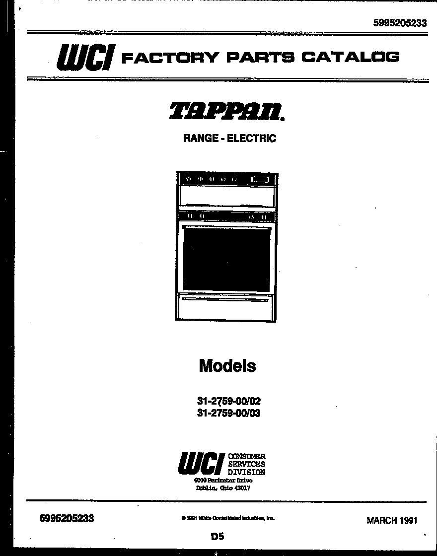 Tappan 31-2759-00-03 cover page diagram