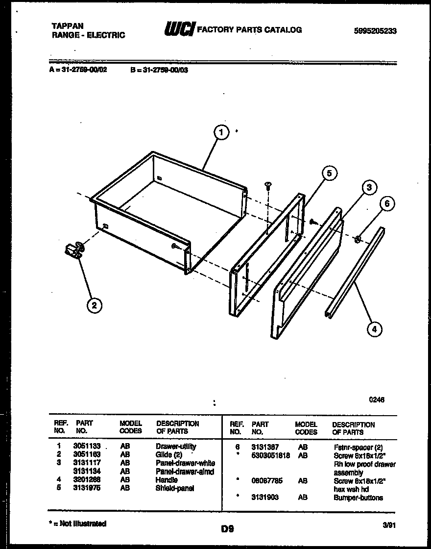 Tappan 31-2759-00-03 drawer parts diagram
