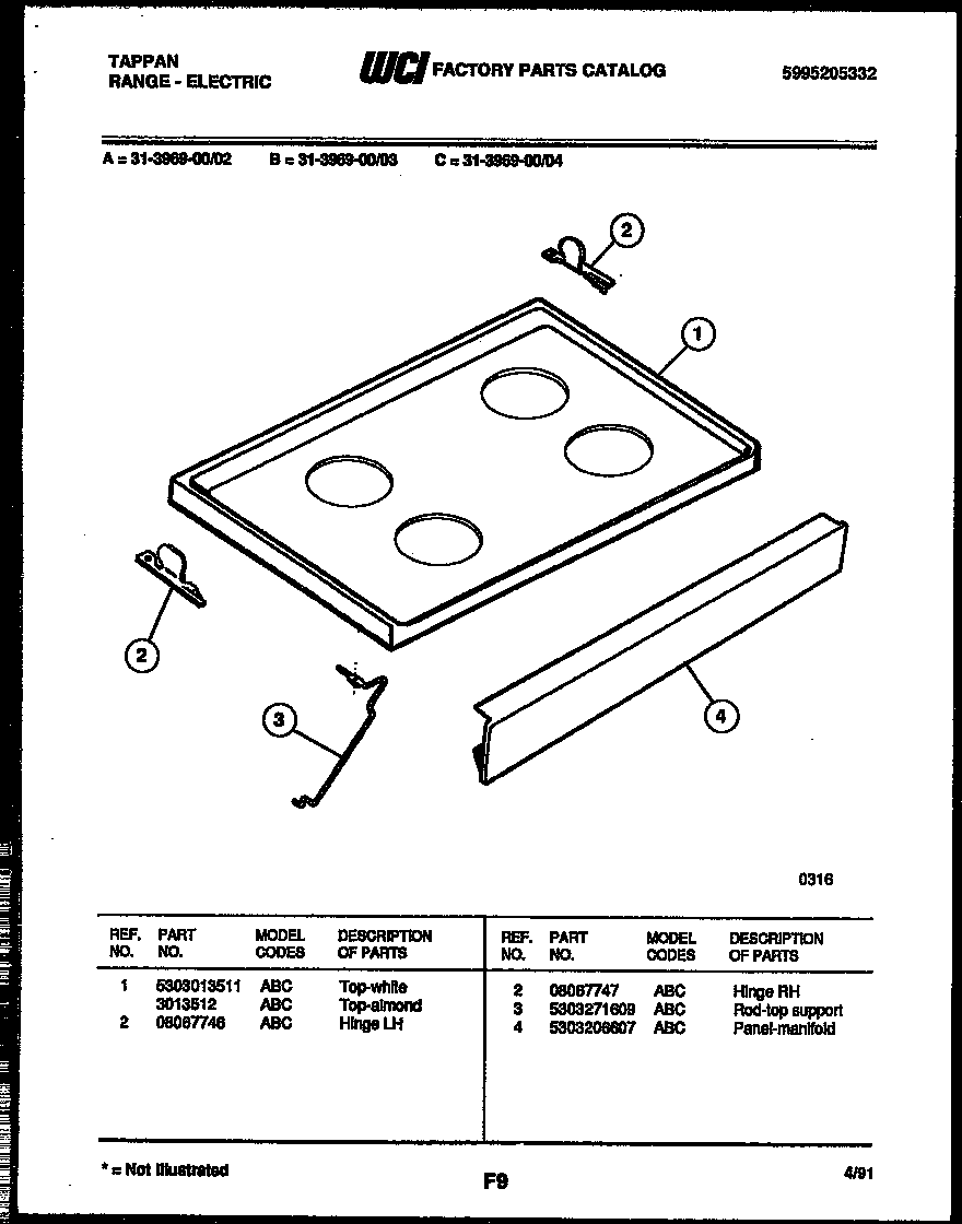 Tappan 31-3969-00-02 cooktop parts diagram
