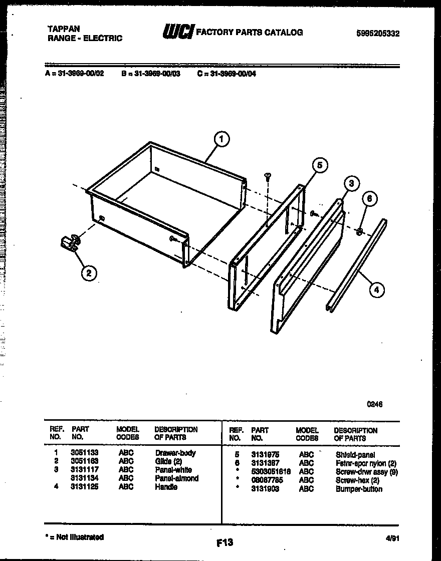 Tappan 31-3969-00-02 drawer parts diagram