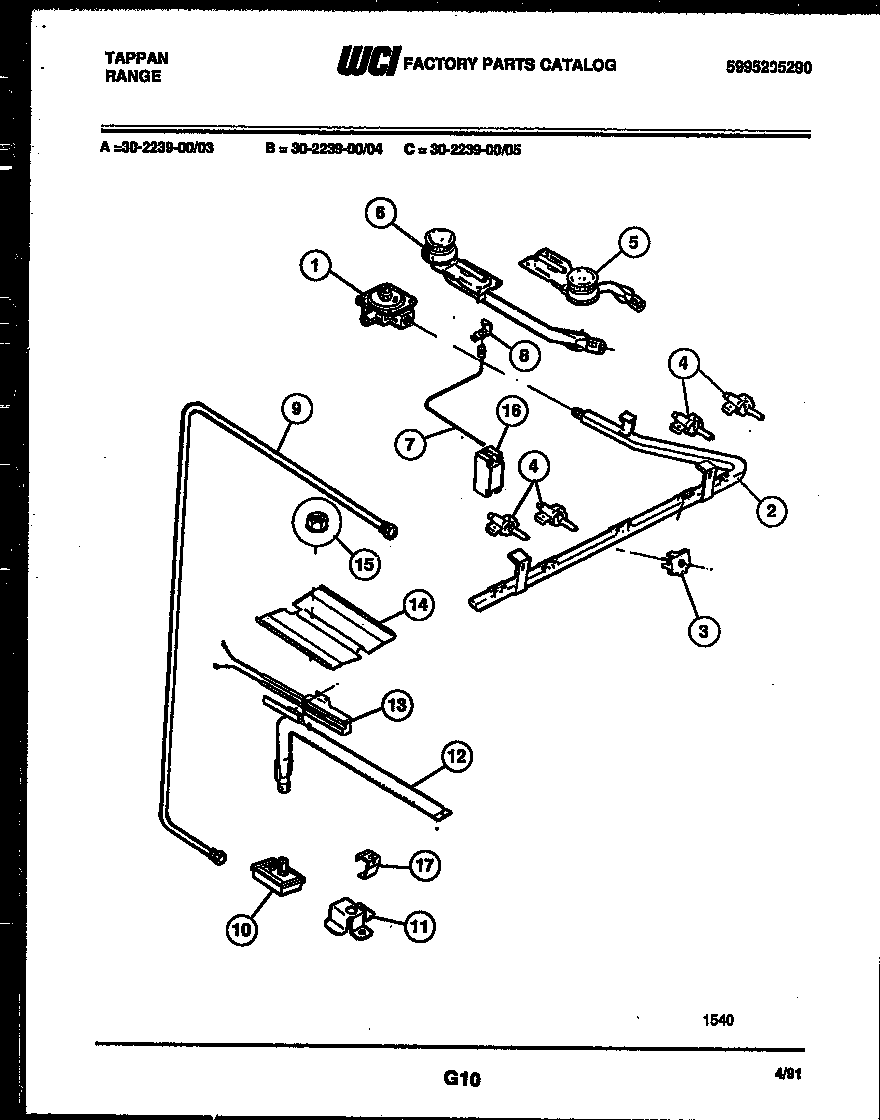 Tappan 30-2239-23-04 burner, manifold and gas control diagram