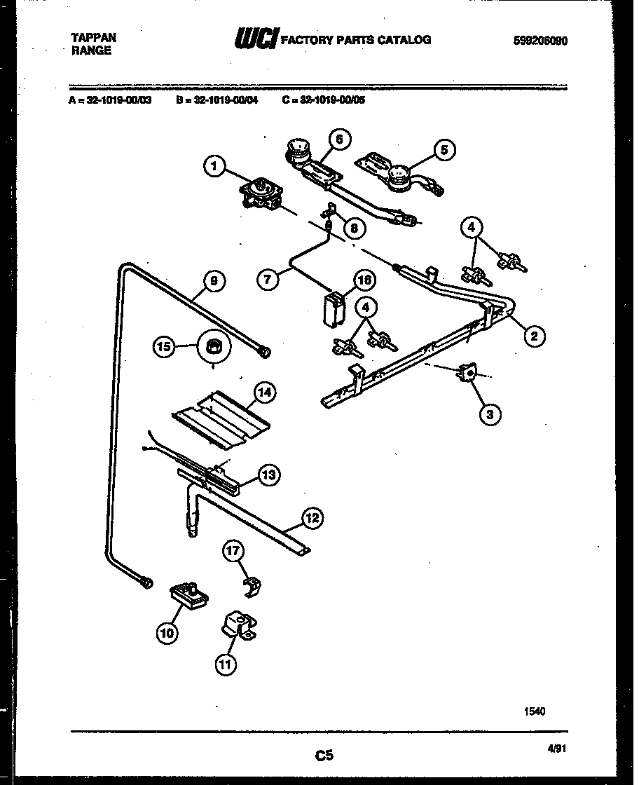 Tappan 32-1019-00-03 burner, manifold and gas control diagram