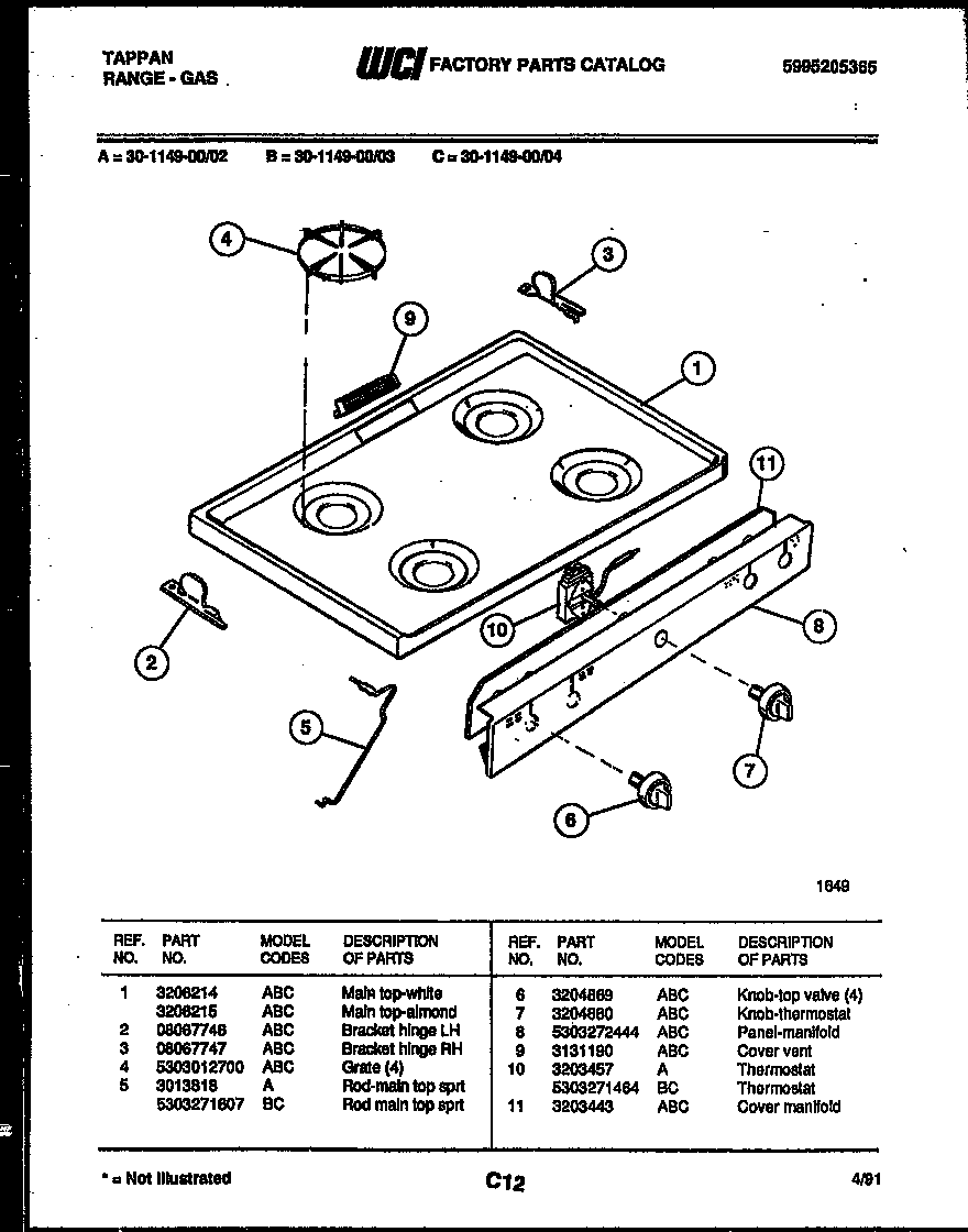 Tappan 30-1149-00-02 cooktop parts diagram