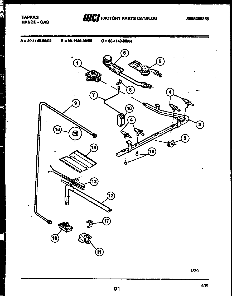 Tappan 30-1149-00-02 burner, manifold and gas control diagram