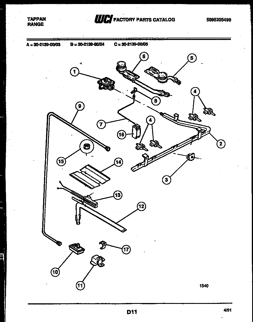 Tappan 30-2139-00-04 burner, manifold and gas control diagram