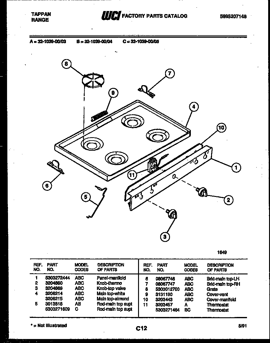 Tappan 32-1039-00-03 cooktop parts diagram