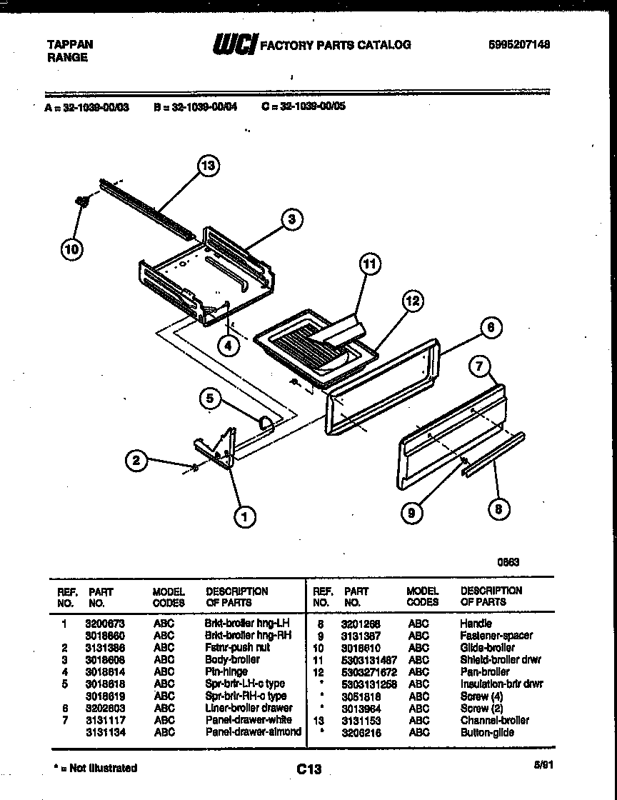 Tappan 32-1039-00-03 broiler drawer parts diagram