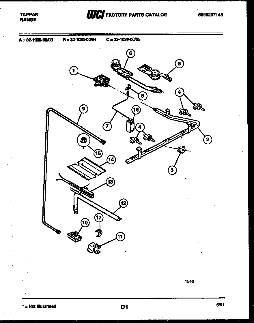 Tappan 32-1039-00-03 burner, manifold and gas control diagram
