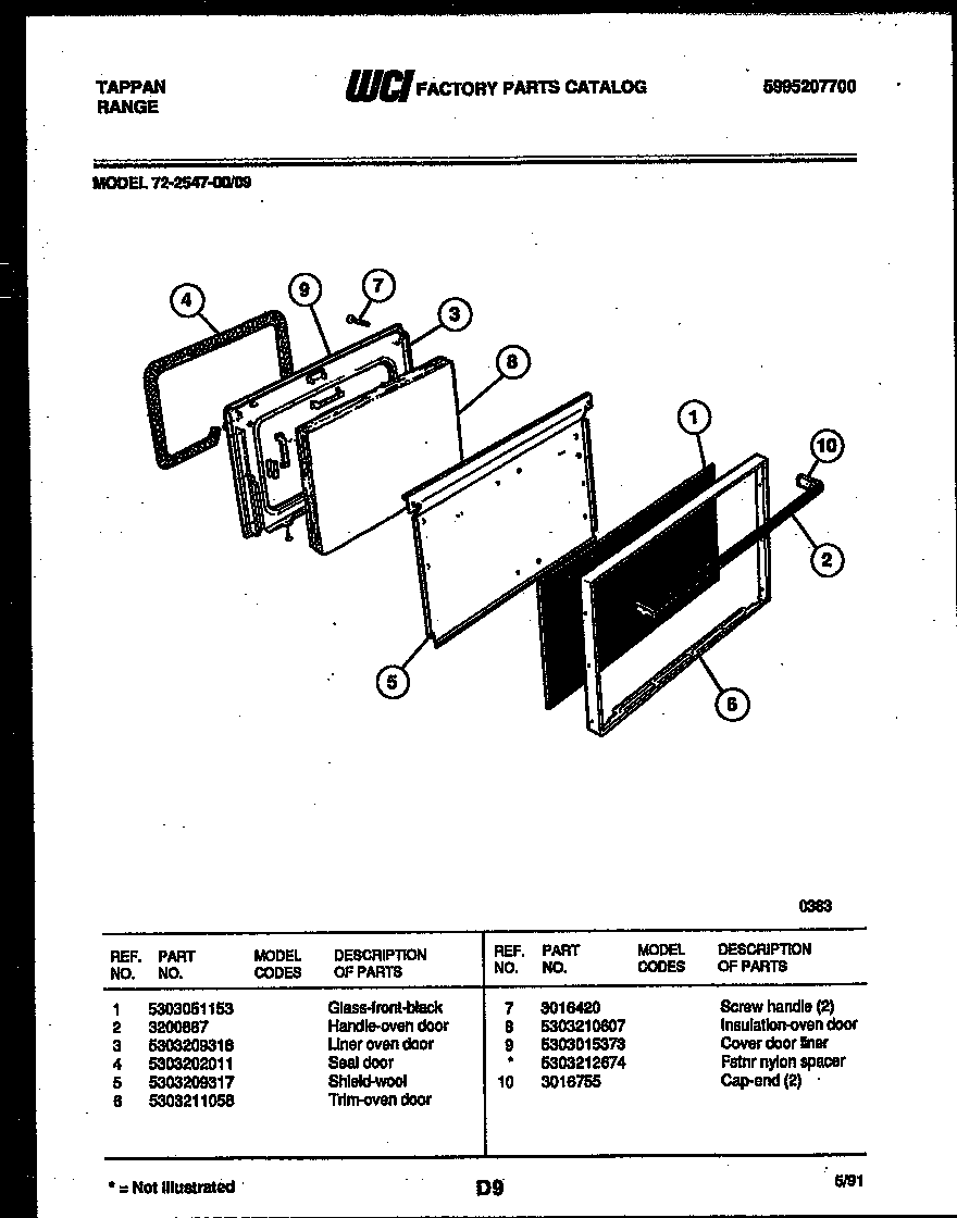 Tappan 72-2547-00-09 lower oven door parts diagram